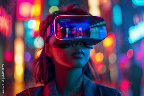Asian Women Wearing Virtual Reality Goggles, VR Goggles, Immersed in the Metaverse © Nurple Art
