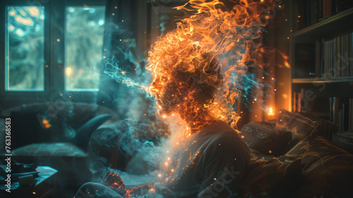 Portrait of inner turmoil: A man contemplates in flames, a visual metaphor for the anguish of living with anxiety,generative ai