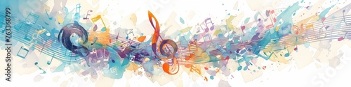 watercolor music notes banner, white background