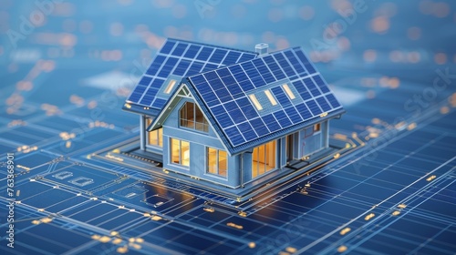 Blue print of smart home with solar panels rooftop system for renewable energy