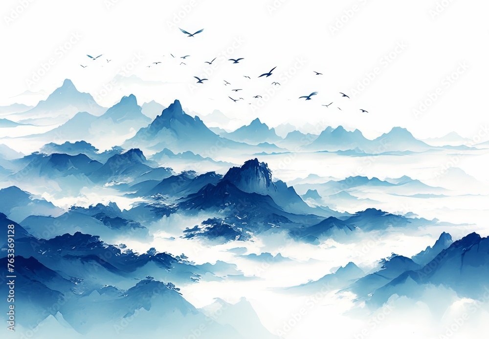 Ink painting, flying birds above the mountains, mountains in misty blue and white tones.