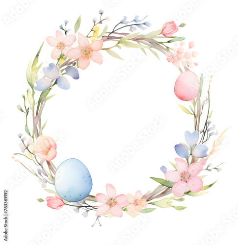 Watercolor Easter wreath with eggs in pastel colors isolated on white background