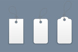 Blank white paper price tags or gift tags in various shapes. Set of labels with cord.