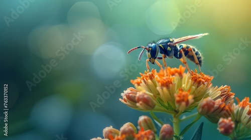 The bee makes honey on the flower's core -- up close