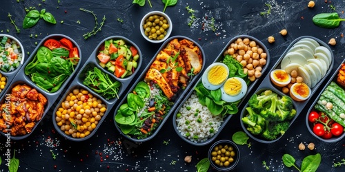 Various healthy meals in meal prep containers on a dark background