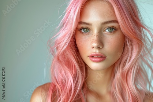 young woman with long silky straight pink hair isolated on white background Hair color for the beauty salon industry, color styles, A close-up portrait of Hair Peach color woman with glamorous makeup.