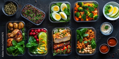 Various healthy meals in meal prep containers on a dark background