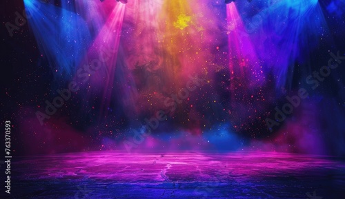 An empty stage comes alive with a cosmic light show, featuring vibrant hues of blue and pink, reminiscent of a starry night sky. © banthita166