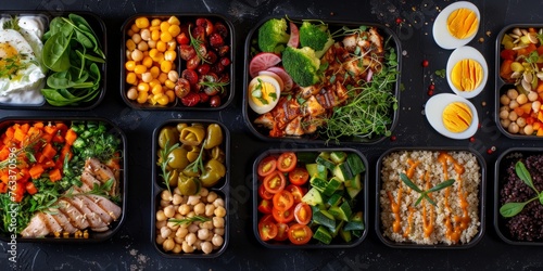 Various healthy meals in meal prep containers on a dark background