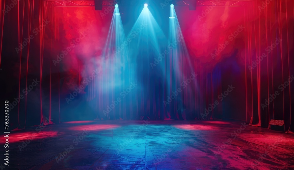 Mystical Stage with Blue and Red Smoke Beams
