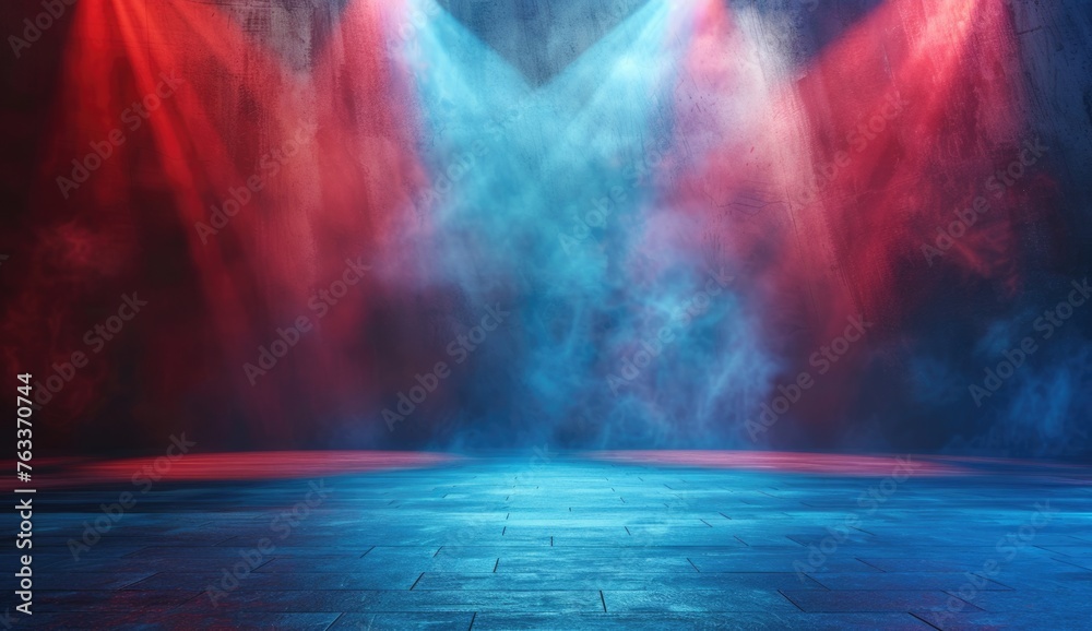 Mystical Stage with Blue and Red Smoke Beams - obrazy, fototapety, plakaty 