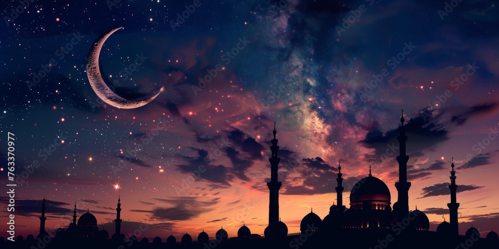 Mosque silhouette with a crescent moon and stars in a night sky