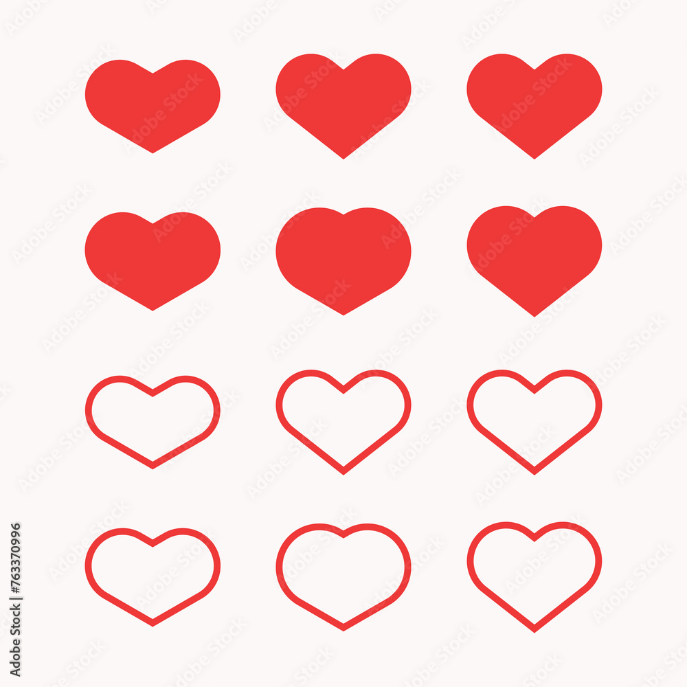 Heart Shape Outlines and Flat Vector Icons Illustrations Set