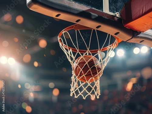 Basketball dunk in mid-air, high-energy arena, close-up, athletic prowess, vibrant team colors
