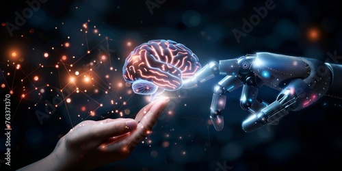 Human hand touching a robotic hand with digital brain and AI concept