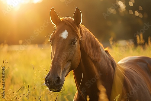 Majestic horse in meadow, golden hour, close-up, powerful expression, natural pastoral background