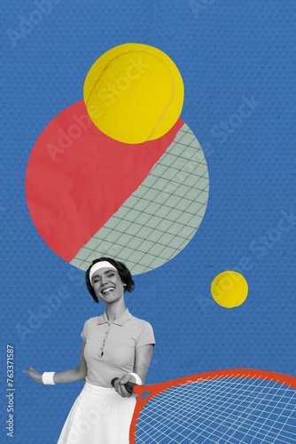 3D photo collage composite artwork sketch image of a sportswoman attractive lady hold tennis racket in hand play outdoors lifestyle photo