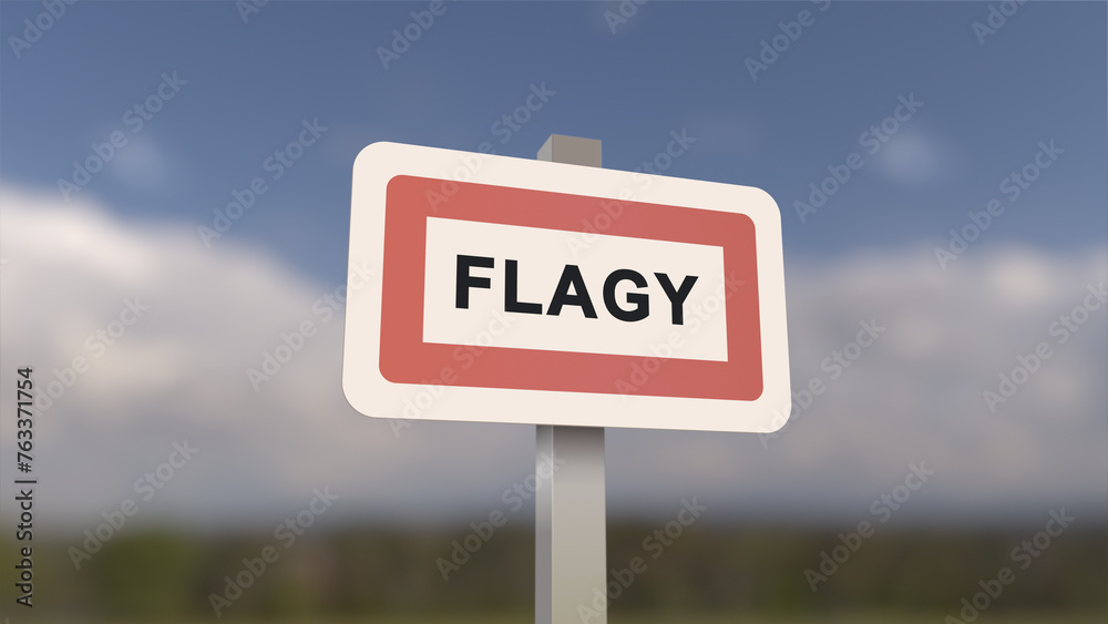 City sign of Flagy. Entrance of the town of Flagy in, Seine-et-Marne, France