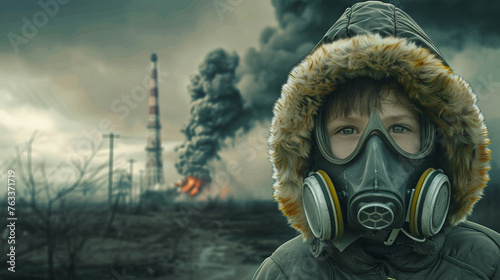 Kid in protective mask nuclear detonation scene