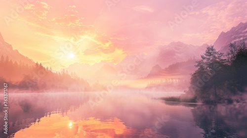 Surreal Sunset Over Misty Mountain Lake . Sunrise over a tranquil mountain lake, mist rising, reflections of pink and gold.