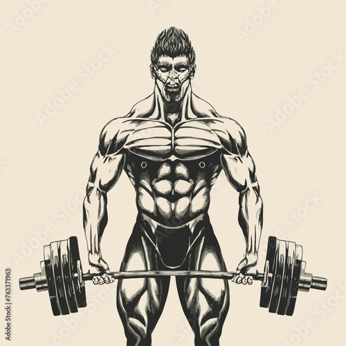 red white black modern style minimalist lines of a strong muscle pose strong body builder anatomy man at gym with bundle Doing exercises in all body positions using different gym equipment