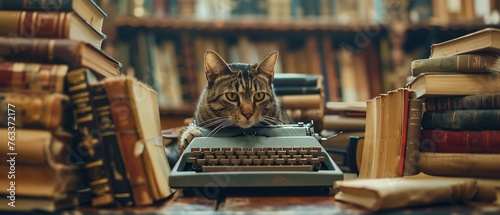A cat author working diligently on a typewriter in an ancient library surrounded by stacks of old books