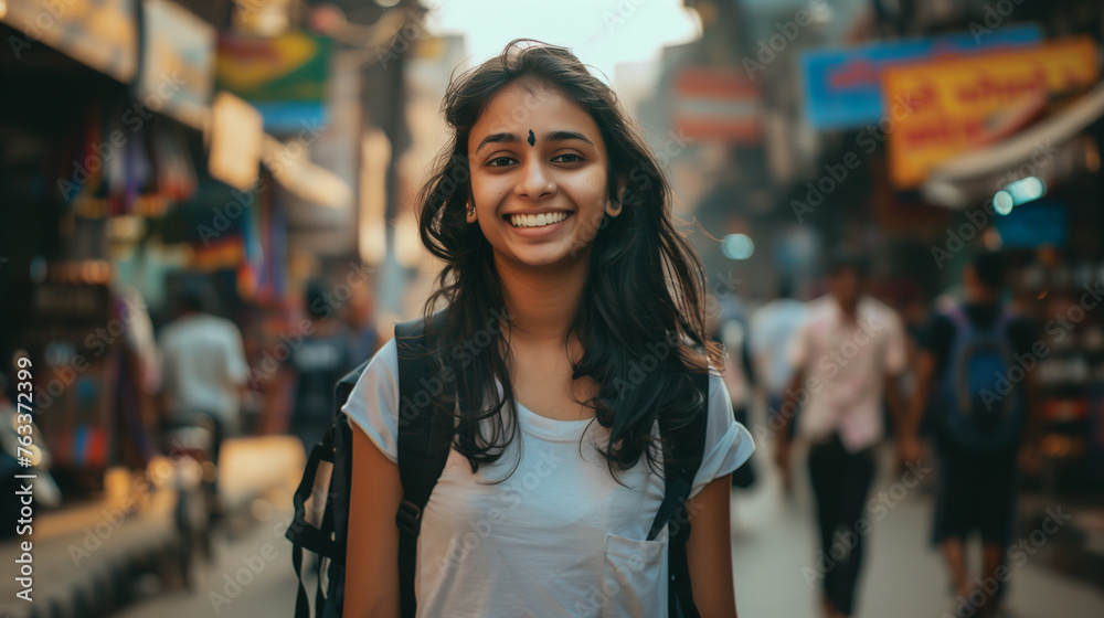 Indian young woman posing for camera, standing on city street with backpack and looking smiling Indian young woman posing for camera, standing on city street with backpack and looking smiling