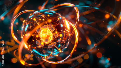 Nuclear fusion reactor simulation of atomic collision to release mass power in digital laboratory on the black isolated professional color grading