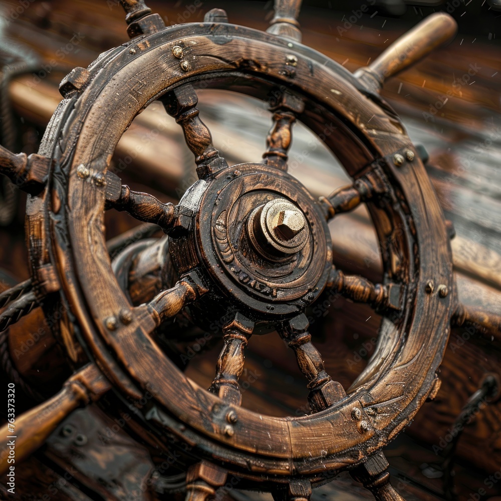 Obraz premium A wooden steering wheel with a silver bolt in the center