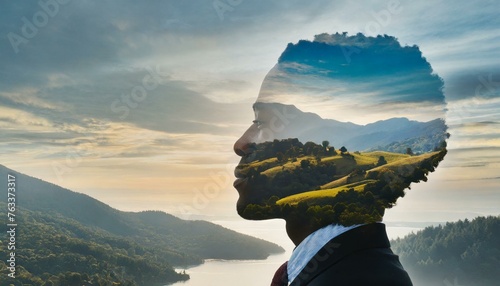 Outline of a human head containing a serene landscape background, symbolizing the concept of inner peace and mental tranquility with copy space #763373317