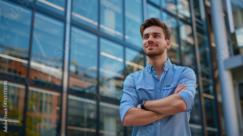 Portrait of a successful young male designer, engineer standing outside an office center, crossing his arms on his chest and looking to the side with a smile