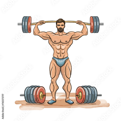 red white black modern style minimalist lines of a strong muscle pose strong body builder anatomy man at gym with bundle Doing exercises in all body positions using different gym equipment