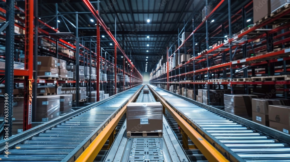 Perspective view of a package moving along the conveyor system in a large distribution warehouse with tall storage racks.