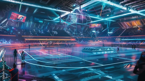 A futuristic arena with a large glowing orb in the center