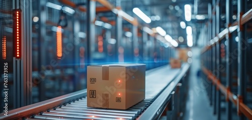 A single package glows on the conveyor belt in a modern, automated warehouse with dynamic lighting and a futuristic atmosphere.