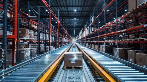 Perspective view of a package moving along the conveyor system in a large distribution warehouse with tall storage racks. © Rattanathip