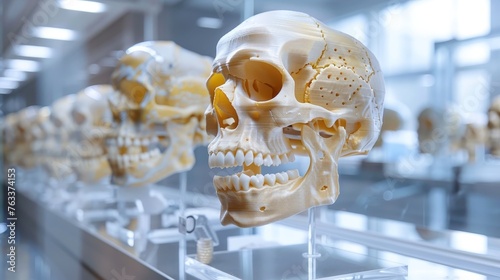 A series of precision 3D-printed human skulls on display, serving as educational tools for medical and anatomical studies. photo