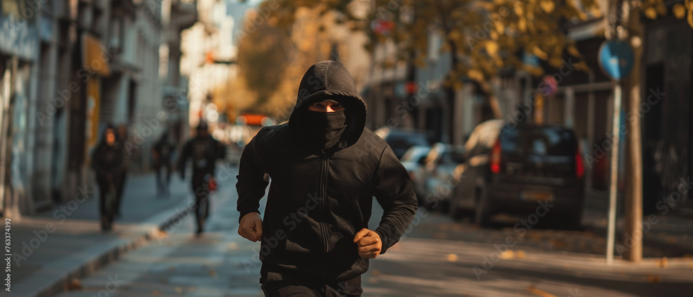 Thief running down the street with police officer chasing. Unrecognizable person in black hoodie and mask running away from police