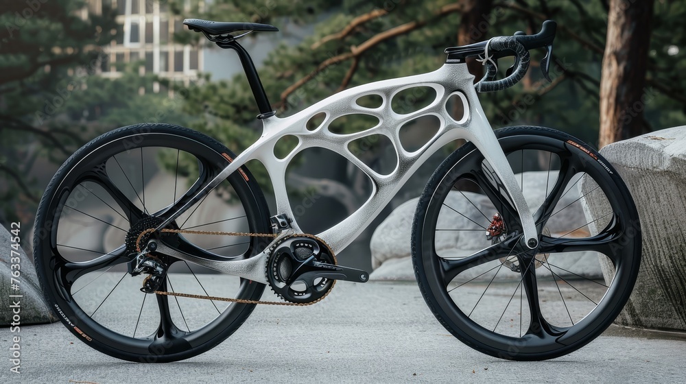 This image showcases a state-of-the-art 3D-printed bicycle featuring an organic frame design that blends cutting-edge technology with high-performance cycling.