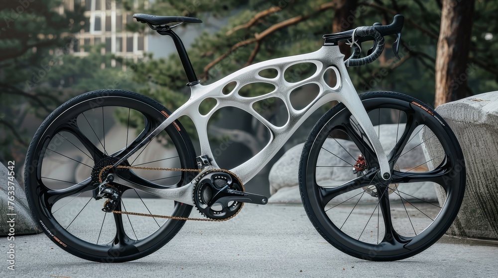 Fototapeta premium This image showcases a state-of-the-art 3D-printed bicycle featuring an organic frame design that blends cutting-edge technology with high-performance cycling.