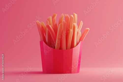 Crispy golden French fries served in a paper cup on a vibrant pink background 3D ing