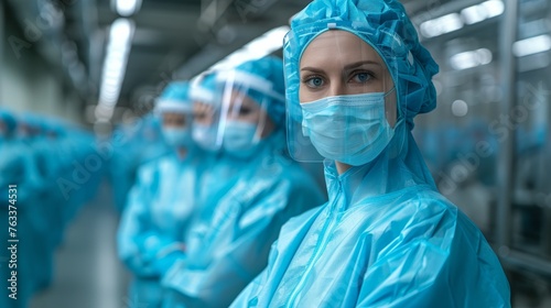A team of dedicated medical professionals dressed in sterile uniforms, including masks and face shields, in a clinical setting.