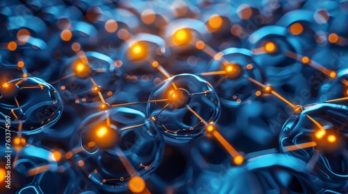 This illustration represents an abstract concept of nanotechnology, with a network of atoms interconnected by bonds, highlighting the complexity of molecular structures. photo