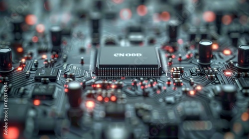 This close-up showcases the intricate details of a circuit board, centered on a microchip, with glowing red connections emphasizing the complexity of modern electronics.