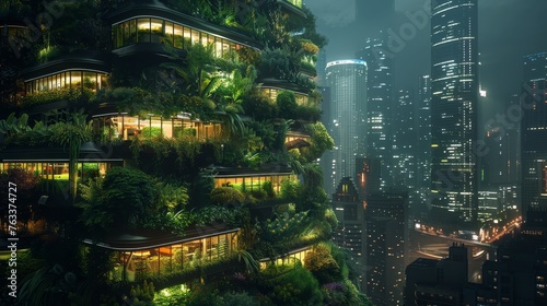A lush vertical garden adorns a modern eco-friendly building, contrasting with the traditional urban skyline at night.