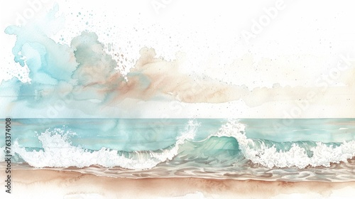Watercolor Beachside with Pier and Flying Seagulls