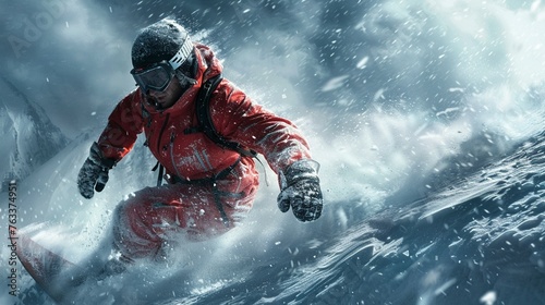 Snowboarder, snowsuit, carving down a steep mountain slope, in a snowstorm, realistic, rim lighting, HDR