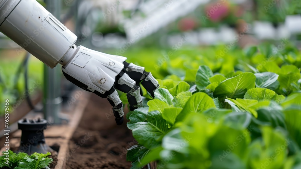 A high-tech robotic arm meticulously cares for leafy greens in a lush hydroponic farm, representing agricultural automation. A high-tech robotic arm meticulously cares for leafy greens in a lush hydroponic farm, representing agricultural automation.