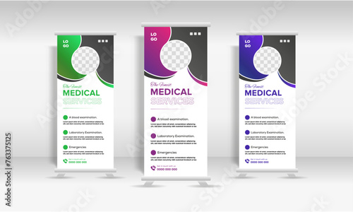 Roll-Up banner design for medical services. Business roll up banner stand template design. (ID: 763375125)