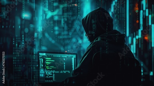 An enigmatic hacker in a hoodie intently scrutinizes data across multiple screens with neon graphical overlays